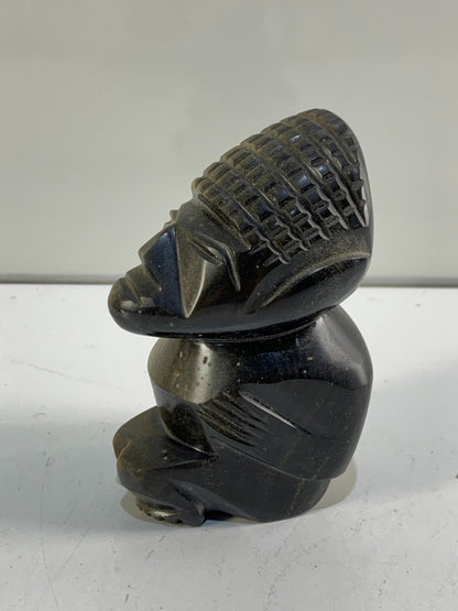 Vintage Carved Stone Tiki or Aztec God | Sparkly Black Obsidian