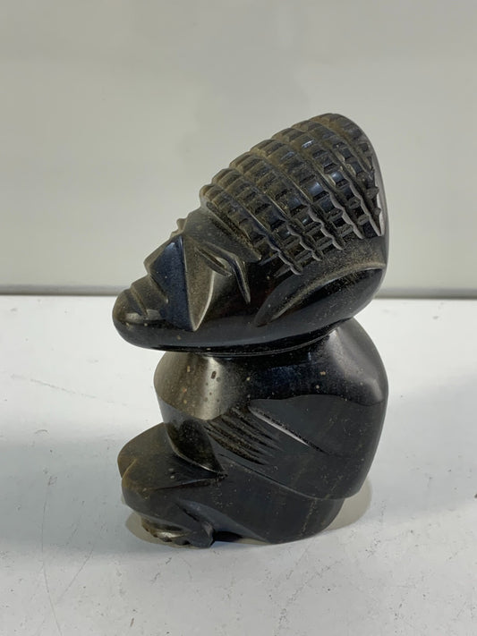 Vintage Carved Stone Tiki or Aztec God | Sparkly Black Obsidian