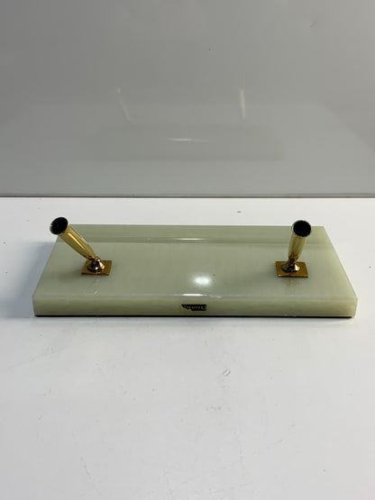 Vintage Scheaffer Green Onyx Marble Base Double Pen Desk Holder Set Gold tone