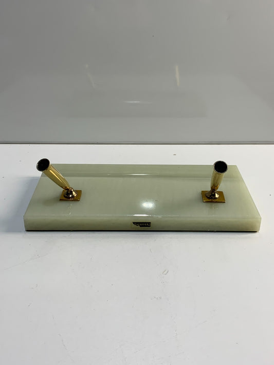 Vintage Scheaffer Green Onyx Marble Base Double Pen Desk Holder Set Gold tone