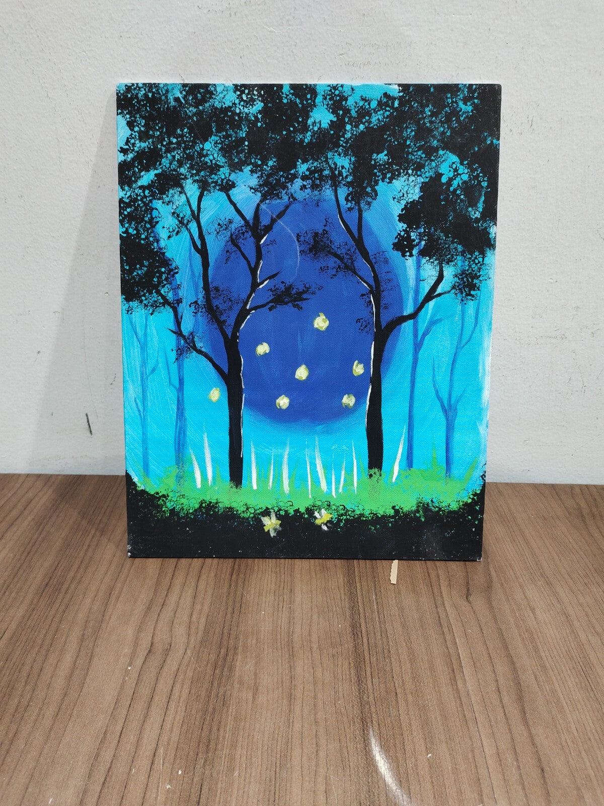 Hand Painted Acrylic Stretch Canvas Painting - 14" X 11" - Dark Night In Jungle