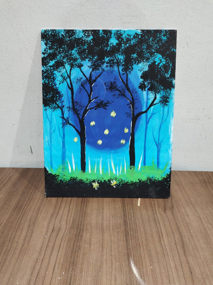 Hand Painted Acrylic Stretch Canvas Painting - 14" X 11" - Dark Night In Jungle