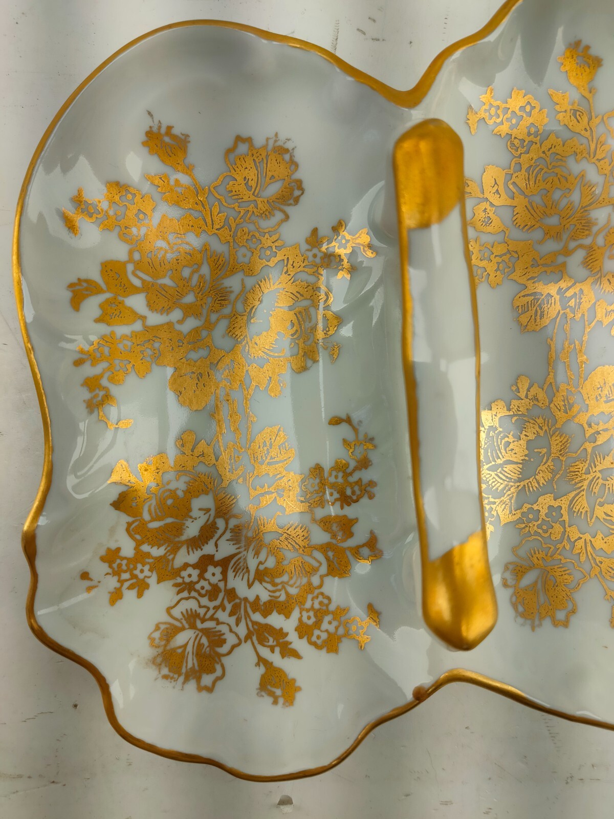 Porcelaine De France Hand painted Gold flower Divided Candy Nut Dish