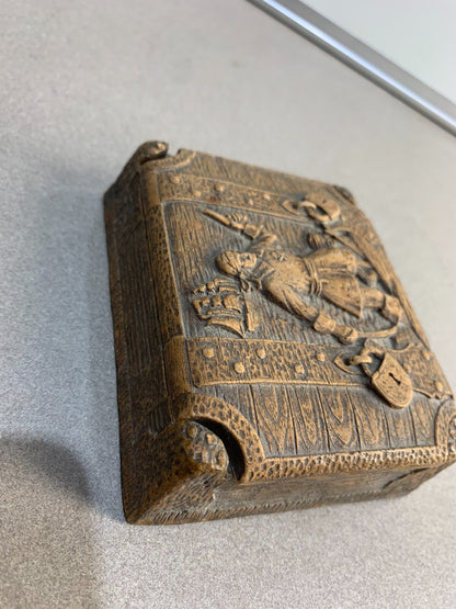 Vintage Hand Carved Lidded Soapstone Trinket Box with Peg Leg Pirate Design