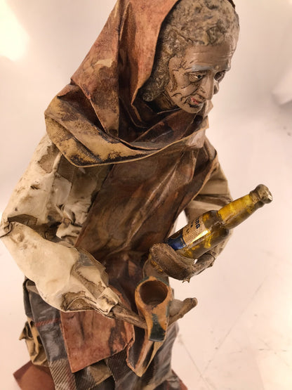 Vintage Mexican folk art paper Mache Old leady holding Beer and mug
