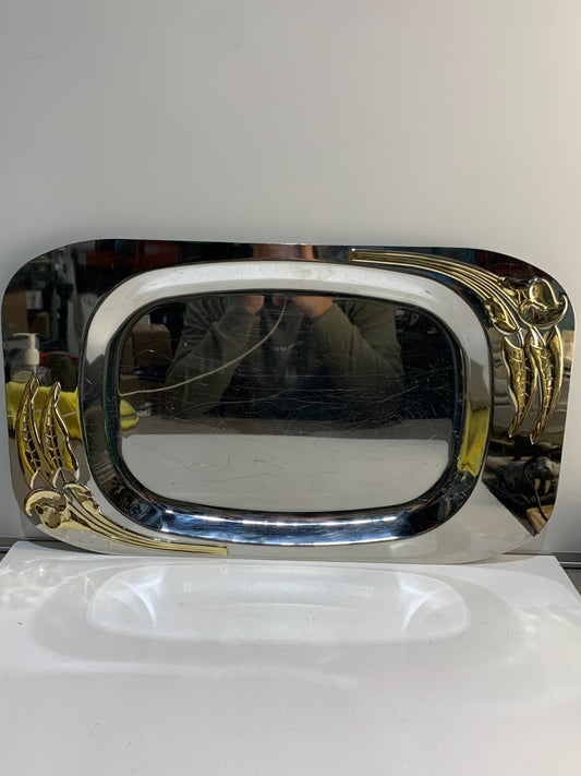 Vemi Italy 18/10 Stainless Steel Serving Tray With Gold Leaf Shapes.
