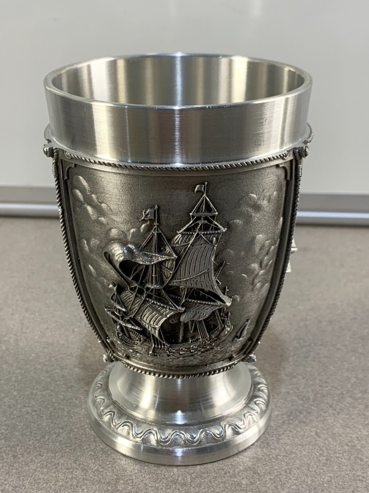 Vintage German Pewter Shot Glass Sail Boat Ship Brigantine Estate