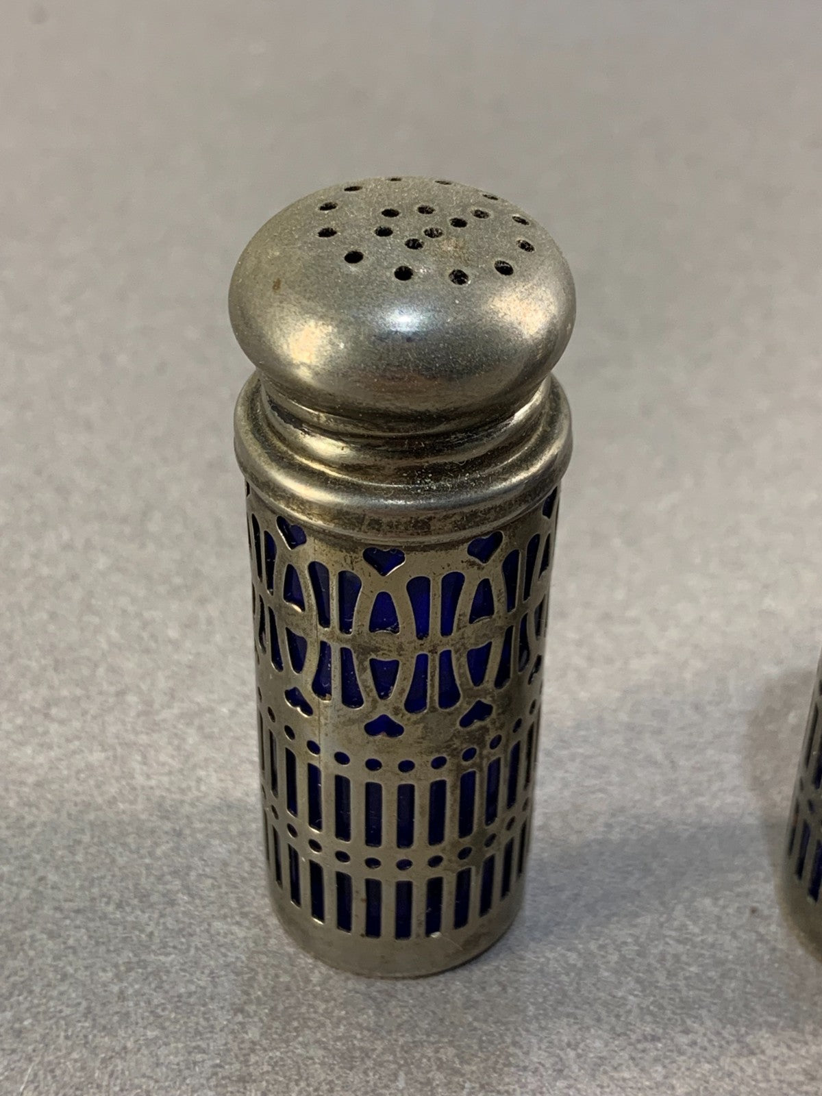 Vintage Silver Cobalt Blue Salt & Pepper Shakers Silver Plate Filigree UK Patent