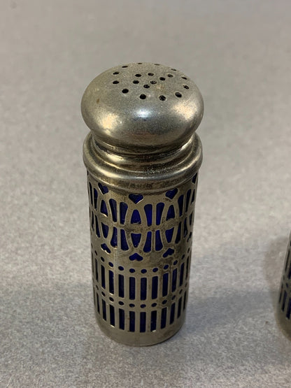 Vintage Silver Cobalt Blue Salt & Pepper Shakers Silver Plate Filigree UK Patent