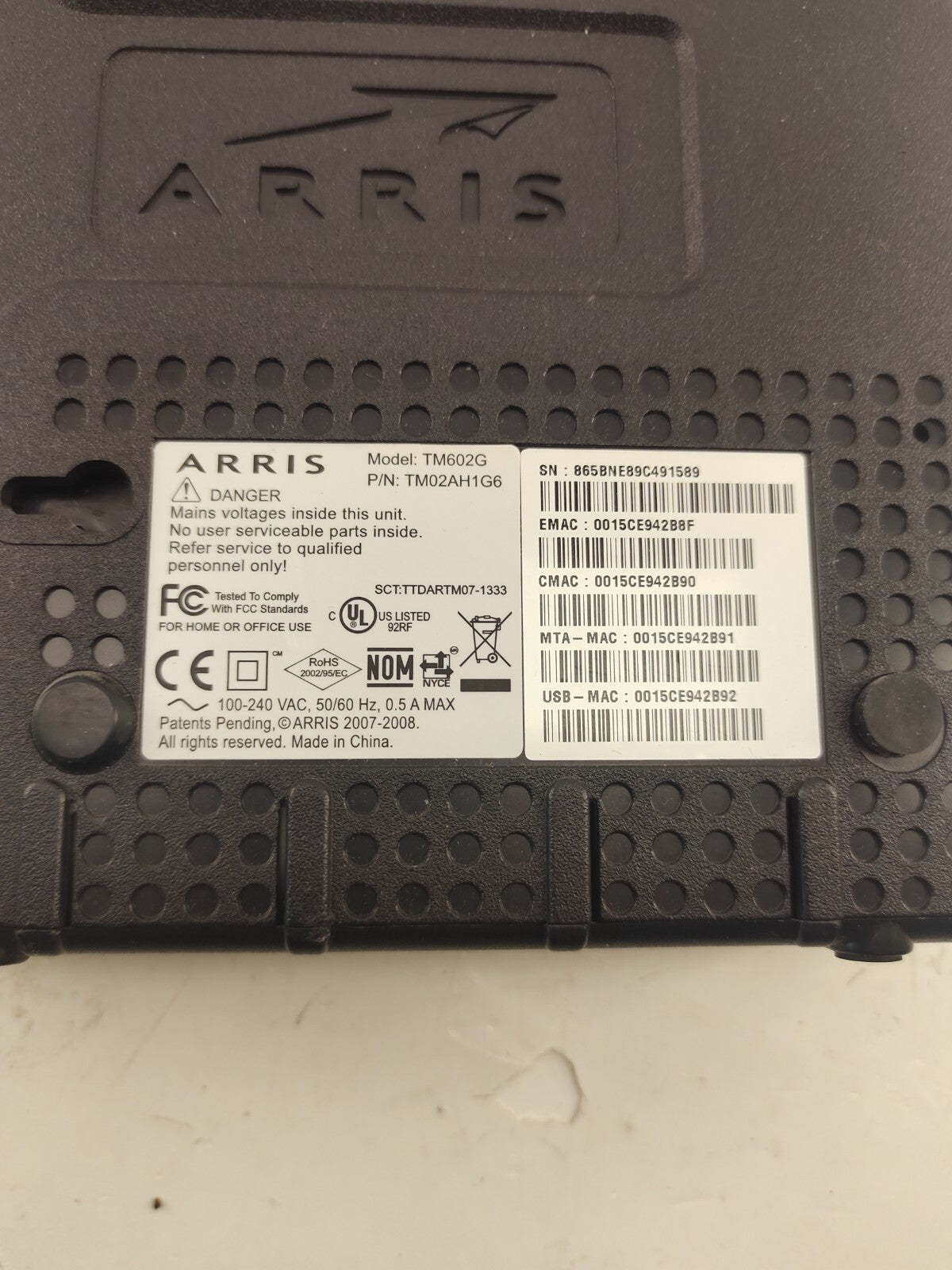 Arris TM602G/CT Touchstone Telephony Cable Modem TM04AHDG6CT