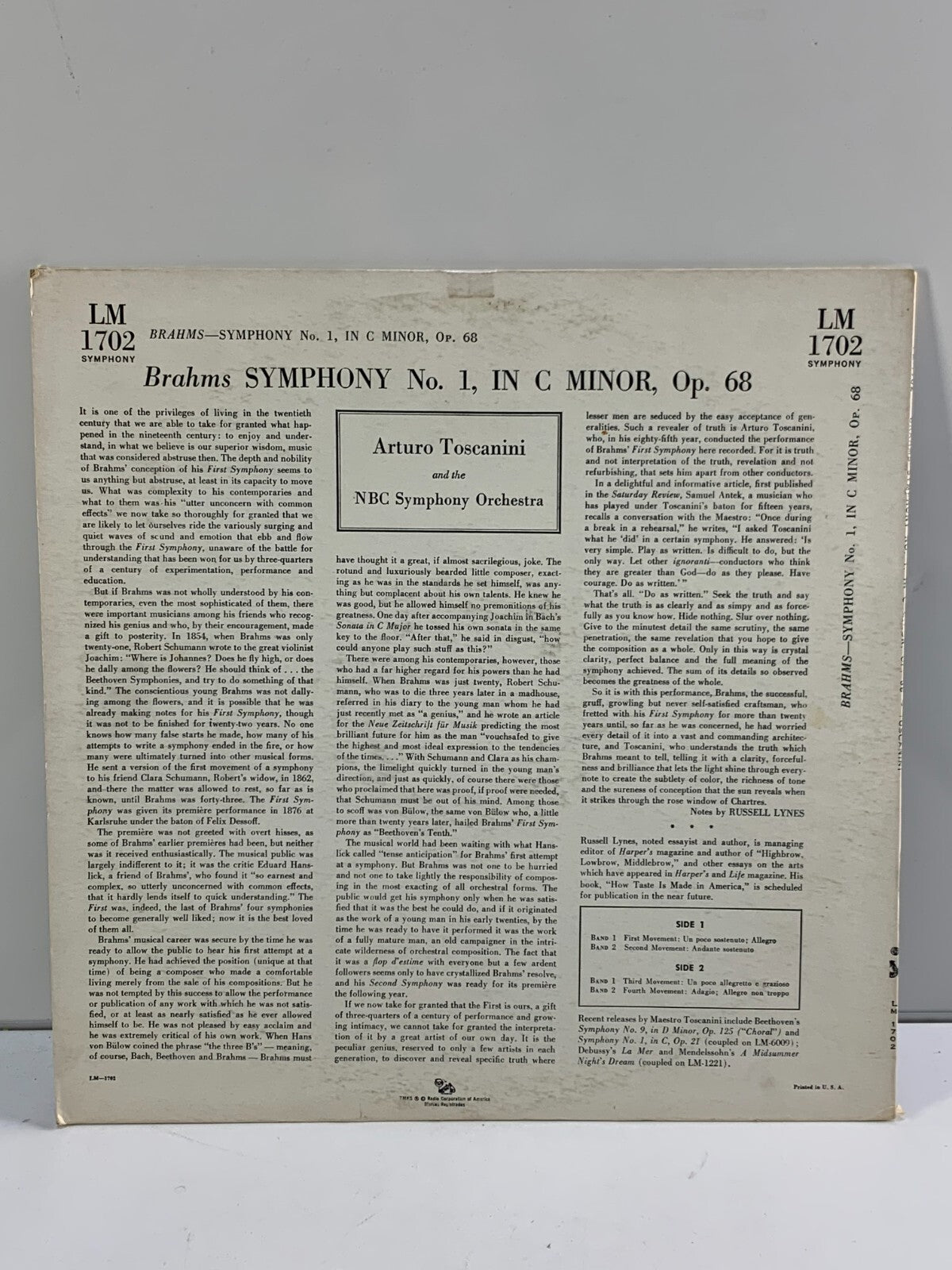 Brahms Symphony No. 1 Toscanini Vinyl RCA Victor Red Seal
