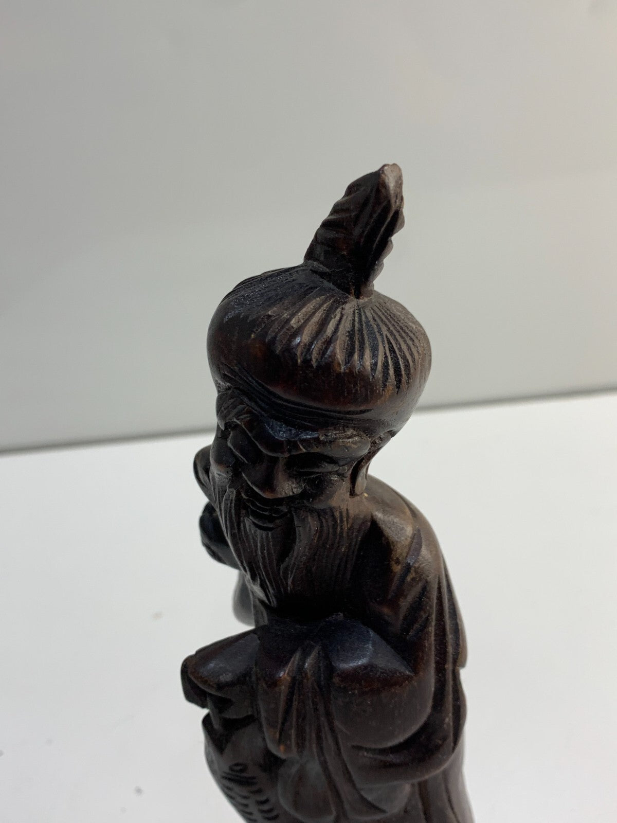Chinese Figurine Happy Fisherman Hand Carved Wood Statue