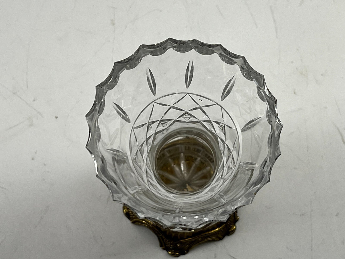 Vintage Crystal Etched Vase With Metal Base