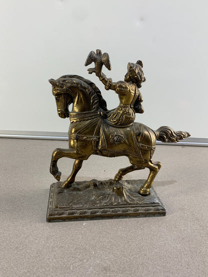 Vintage French bronze sculpture, statue, knight with his hawk on his horse