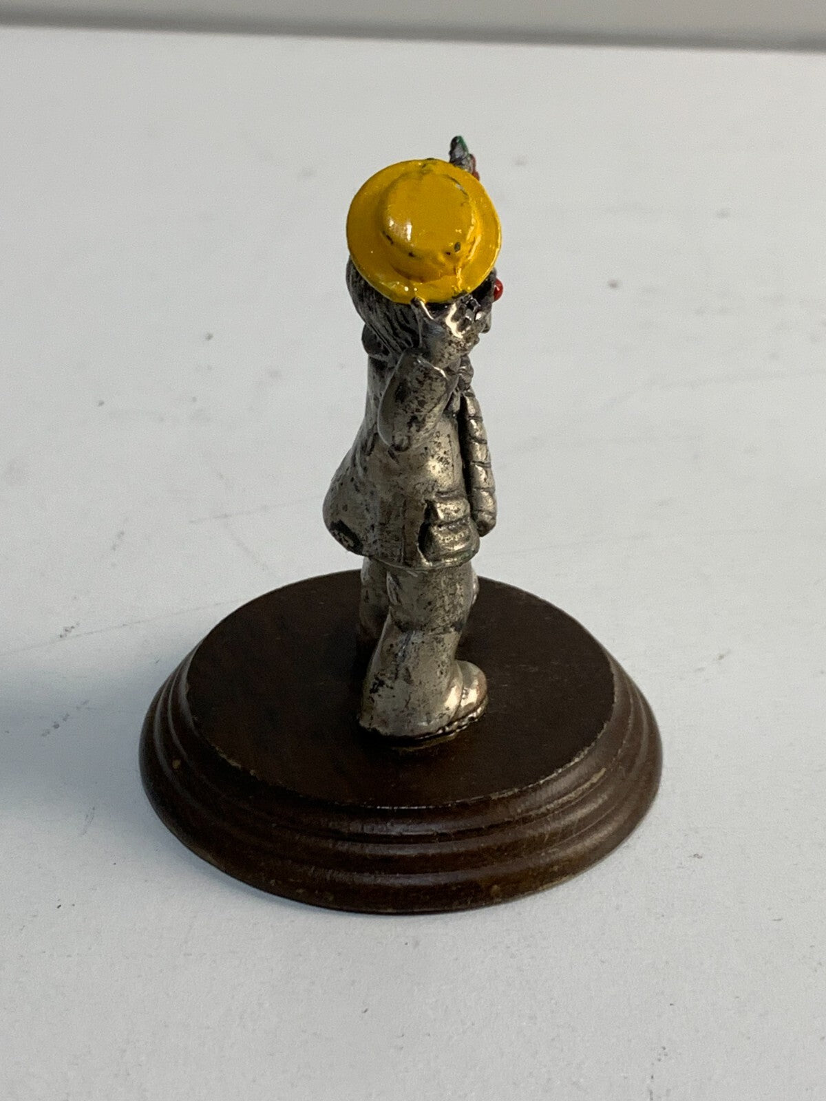 Vintage George Good Cast Pewter Clown On Wood Base With Flowers