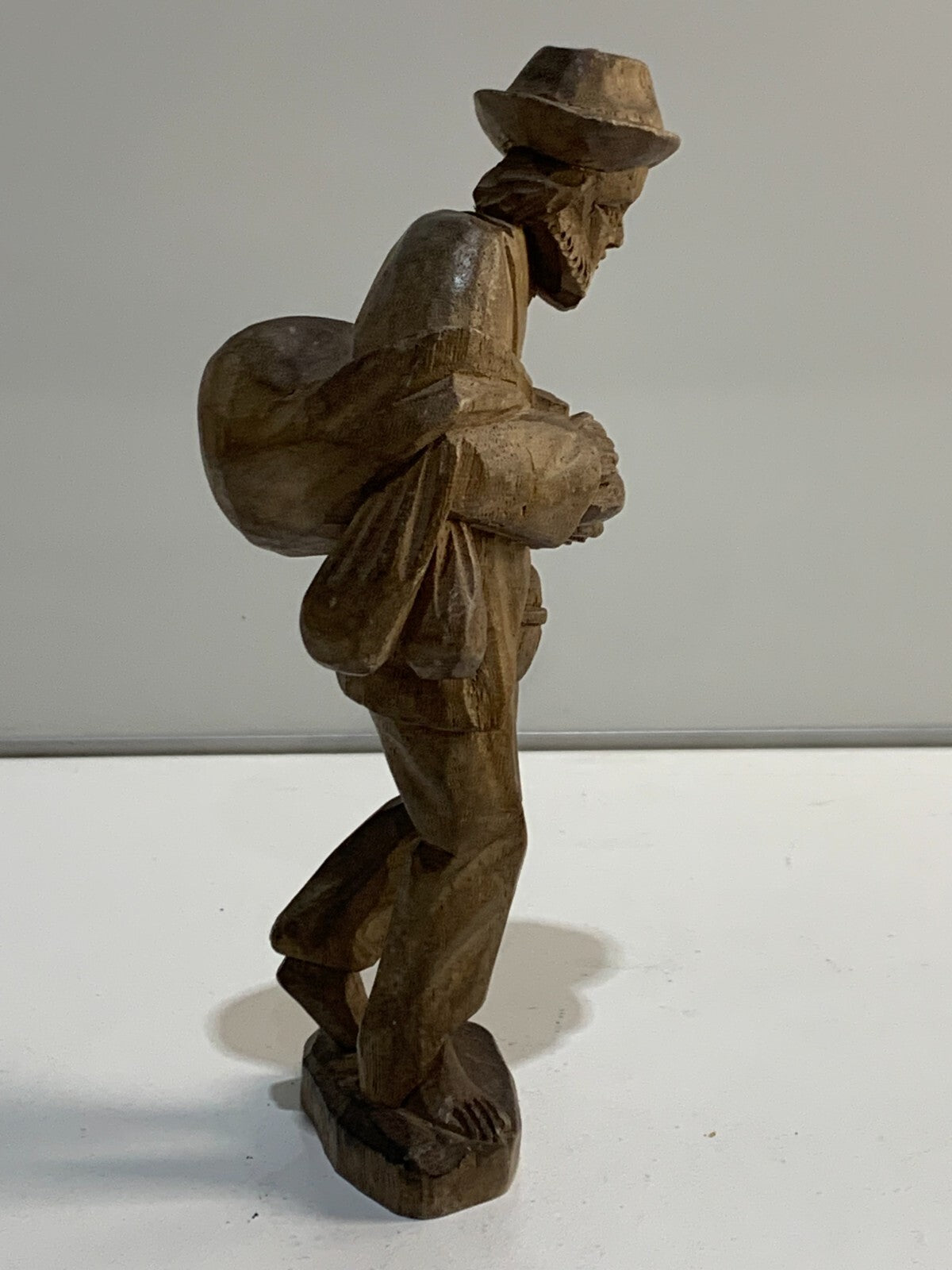 Carved Wooden Traveler Man Barefoot Bearded Pilgrim Folk Art Figure Handmade