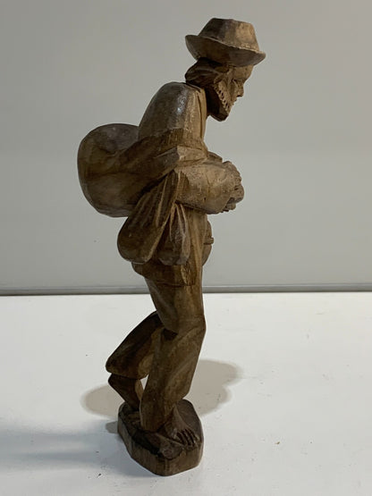 Carved Wooden Traveler Man Barefoot Bearded Pilgrim Folk Art Figure Handmade