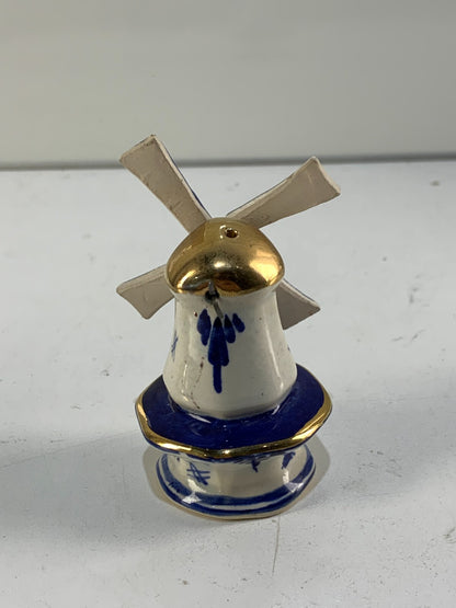 Vintage Delft Porcelain Windmill Salt Shaker - Blue, White & Gold