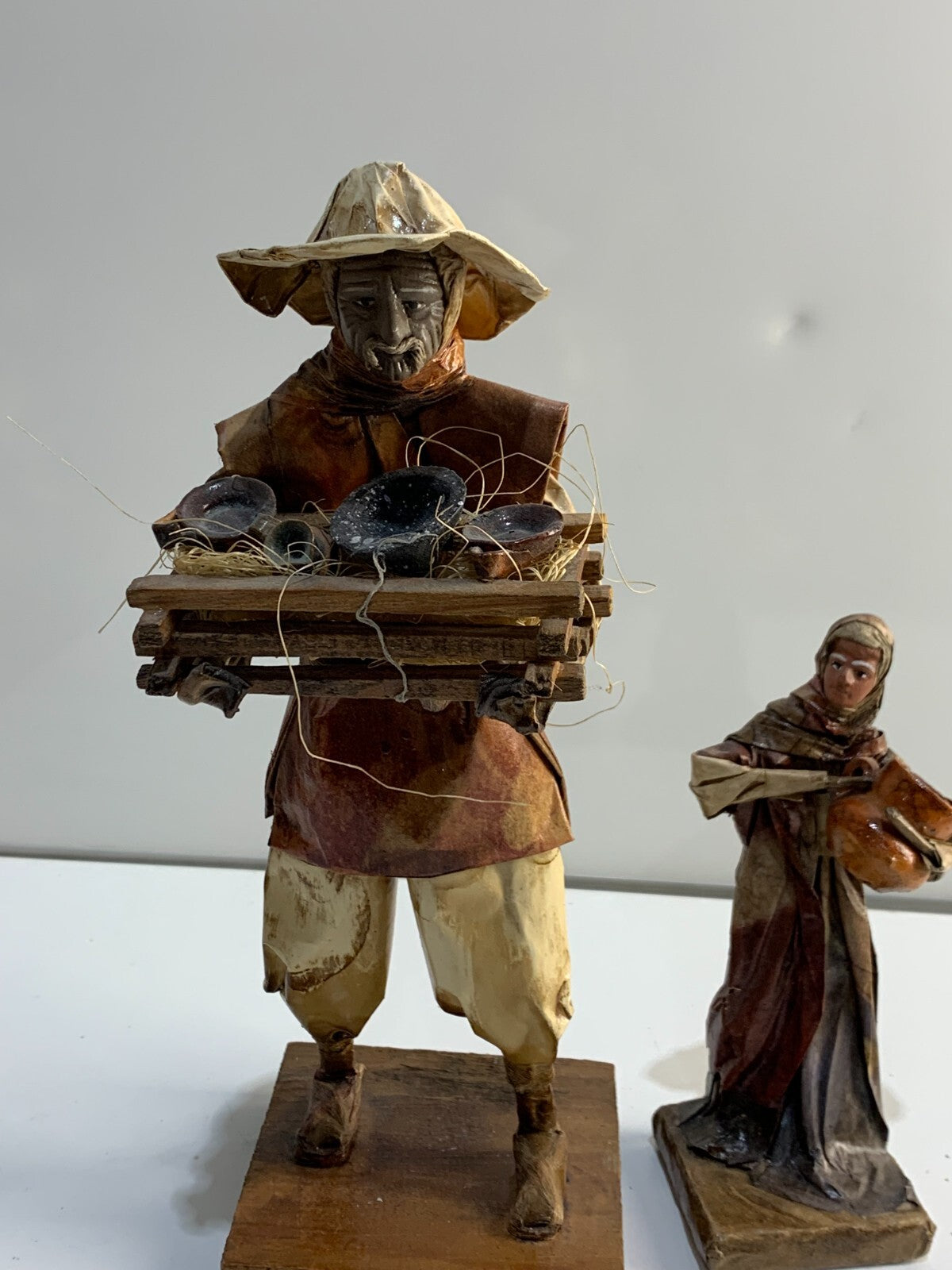 Vintage Mexican Folk Art Paper Mache Man & Woman Figures holding Pottery & Bowls