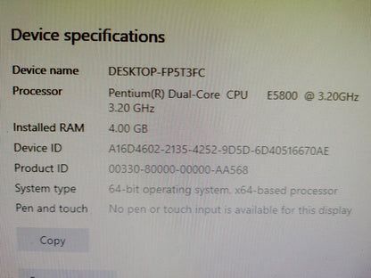 ACER VERITON E5800 3.2GHz 4GB RAM 320GB HDD Windows 10 PRO Black Fair Condition