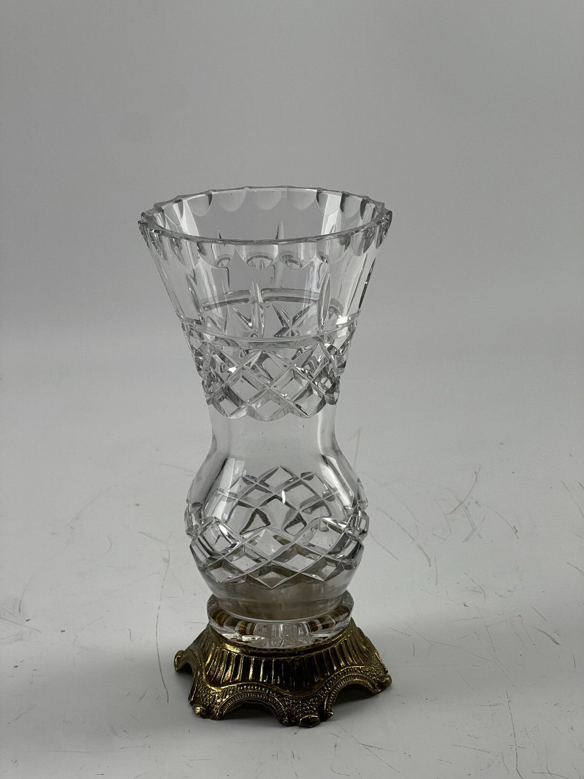 Vintage Crystal Etched Vase With Metal Base