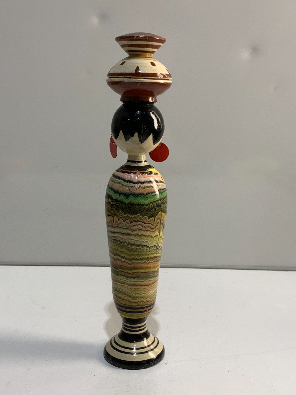 Wooden hand painted peg dolls basket on head earrings ethnic tribal