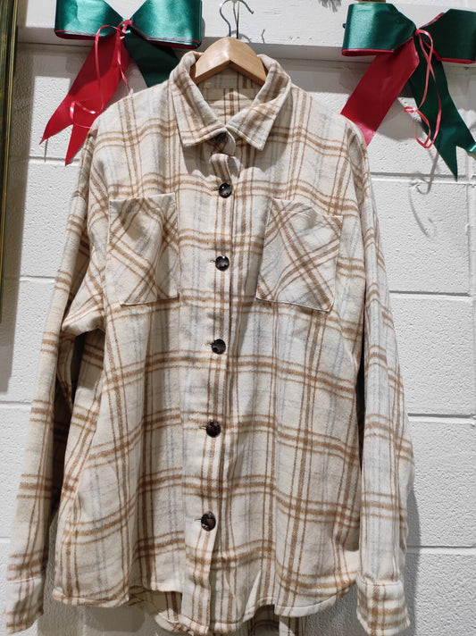Women's Shacket Jacket Flannel Beige Brown Oversized Fall Long Sleeve 3XL