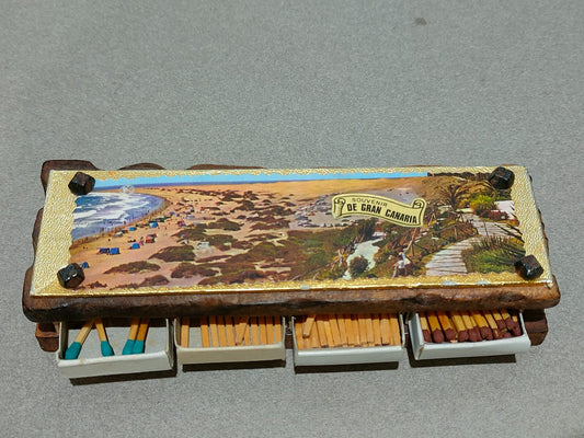 Vintage Beautifully Crafted Wooden Matchbox Holder Box SOUVENIR DE GRAN CANARIA