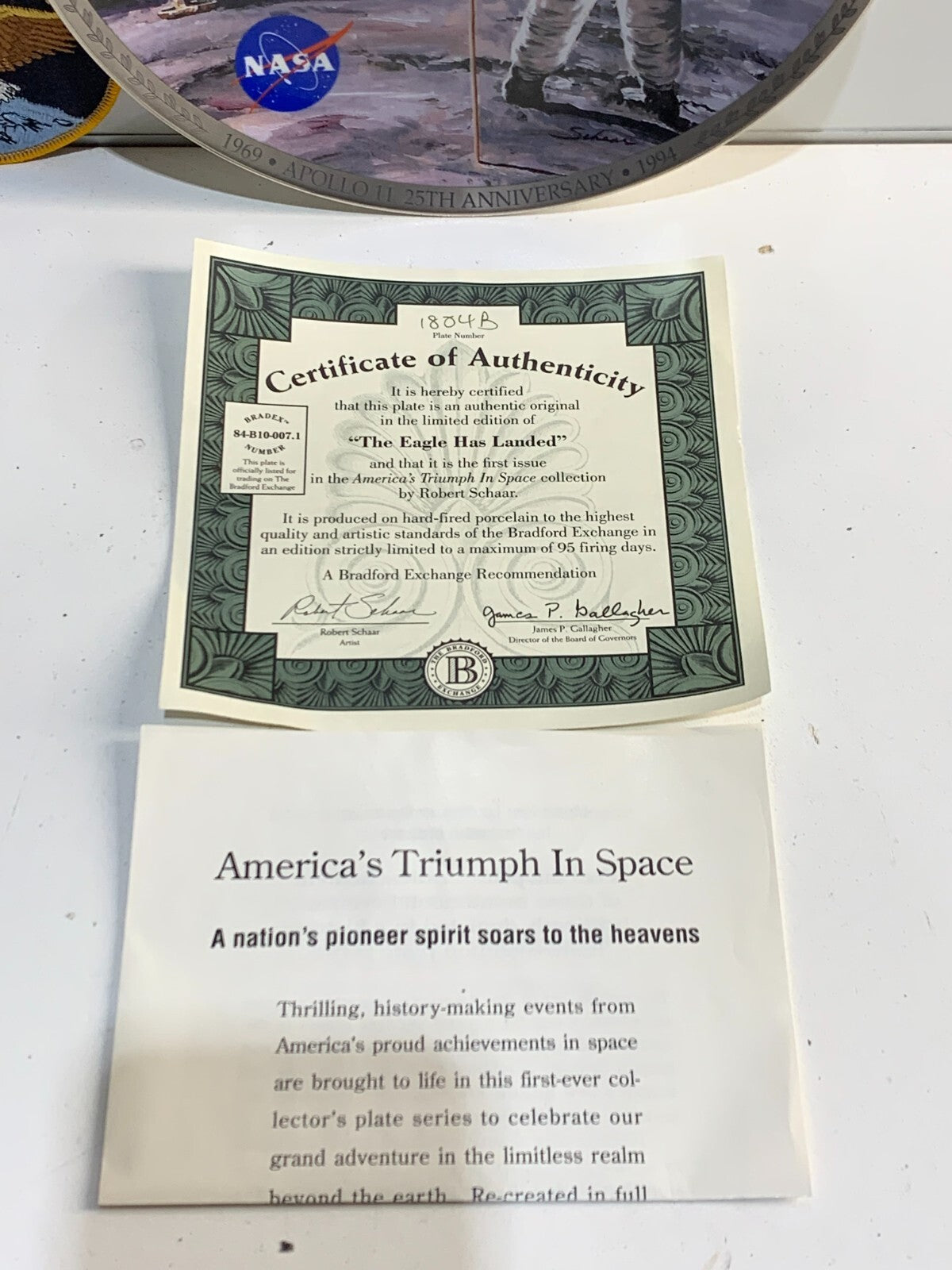 Apollo 11 Bradford Exchange 25Th Anniversary Collectors Plate- With Patch Rare