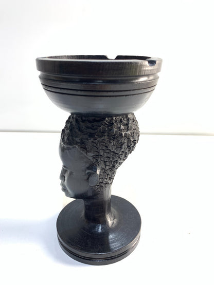 Vintage Wooden Head African Tribal Art Ashtray Hand- Carved Solid Wood