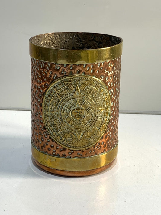 Vintage Copper & Brass Mexico Aztec Mayan Calendar Mugs Tankards