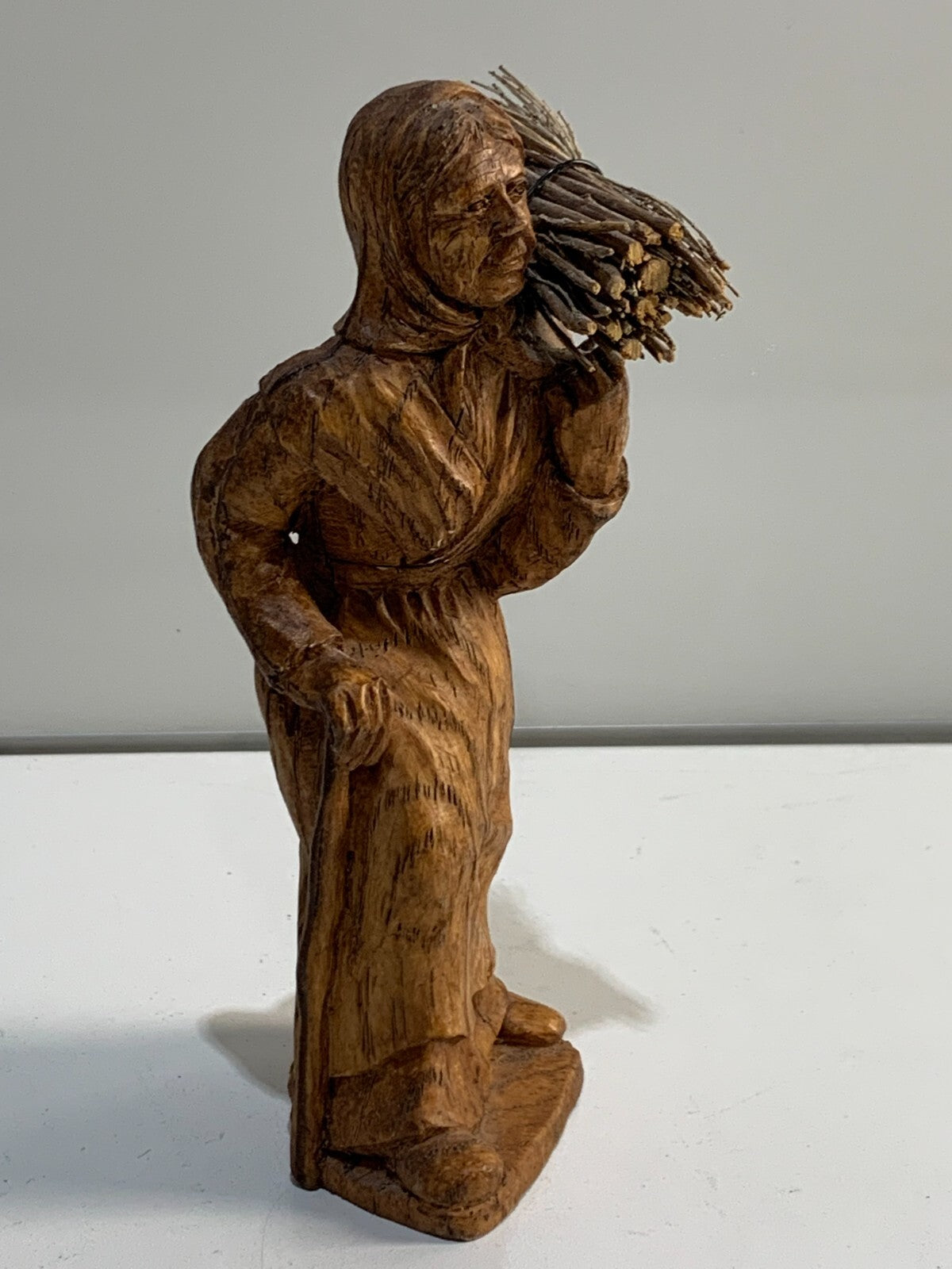 Vintage Black Forest Hand carved wooden Figure of a Old lady carrying firewood