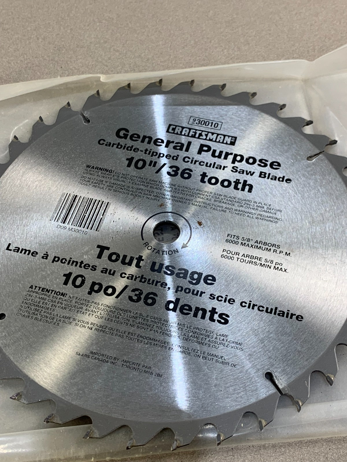 Craftsman 10-inch, 36-tooth, general-purpose, carbide-tipped circular saw blade.