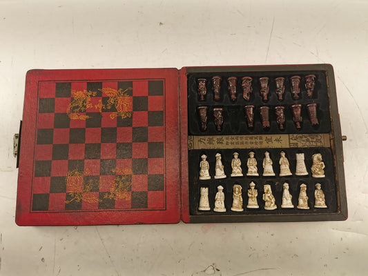 Antique Wooden Chess Board With Resin Chess Pieces & Storage Slot