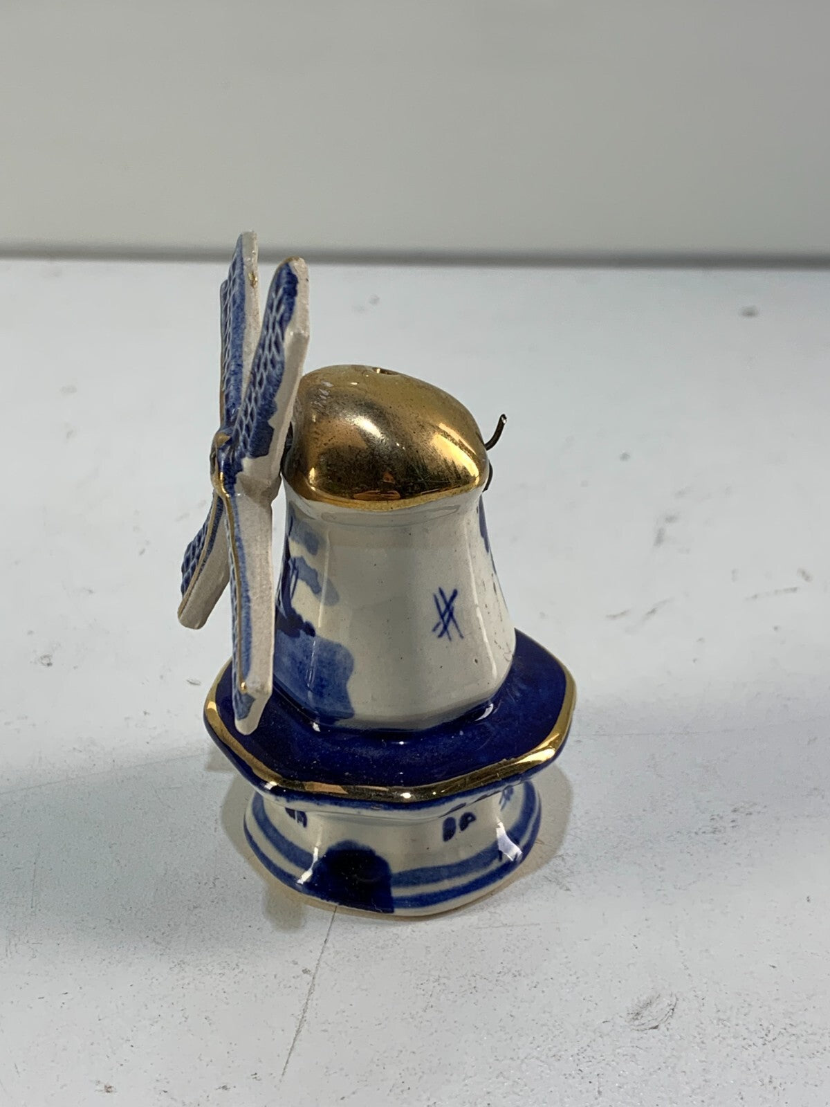 Vintage Delft Porcelain Windmill Salt Shaker - Blue, White & Gold