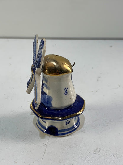Vintage Delft Porcelain Windmill Salt Shaker - Blue, White & Gold