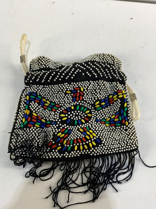 Vintage 70s EAGLE Multicolored Beaded Fringed Drawstring Purse Bag Hobo Bag