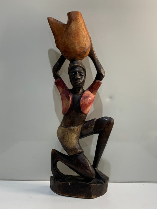 Vintage Hand Carved Wood Figure of Kneeling African Native Woman Holding Basket