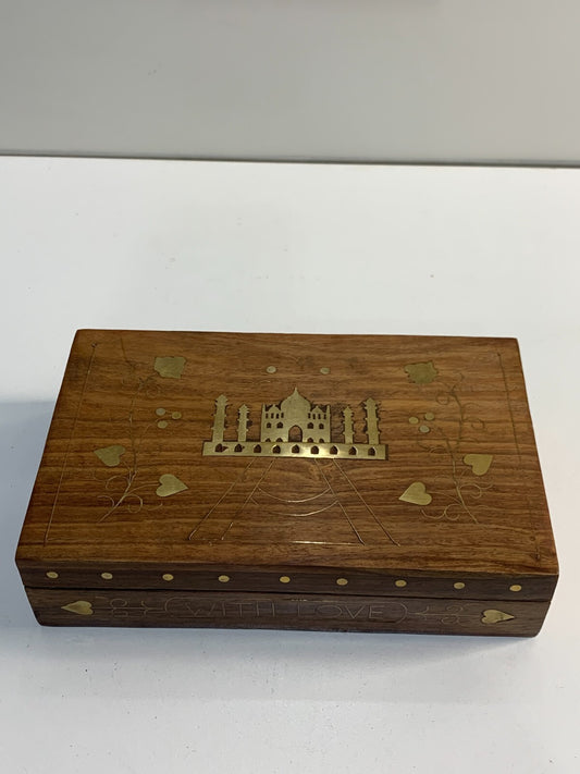 Vintage Carved Wood Jewelry Box with Taj Mahal Gold Inlay