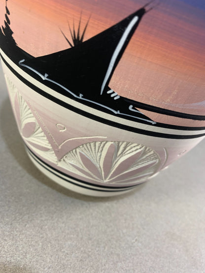 Vintage Etched Pastel Art Pottery Vase Signed S. Dineh Native American Navajo