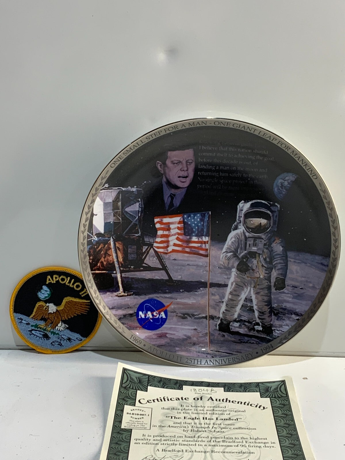 Apollo 11 Bradford Exchange 25Th Anniversary Collectors Plate- With Patch Rare