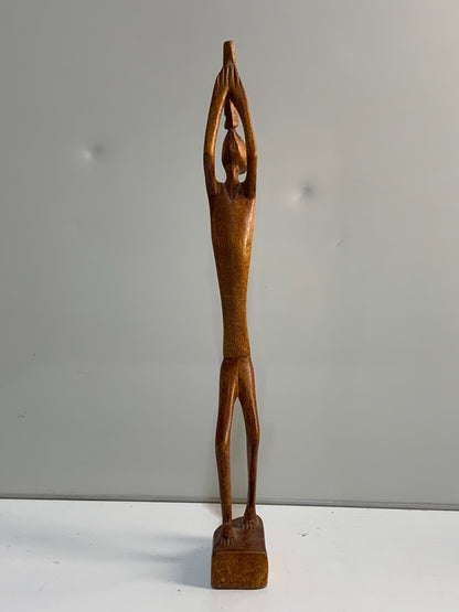 Vintage Wooden Abstract Sculpture Hand Carved Horn Blowing Man