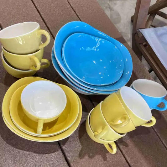 Vintage Medicine Hat Pottery Blue/Yellow Ceramic Dishes – 19 pc