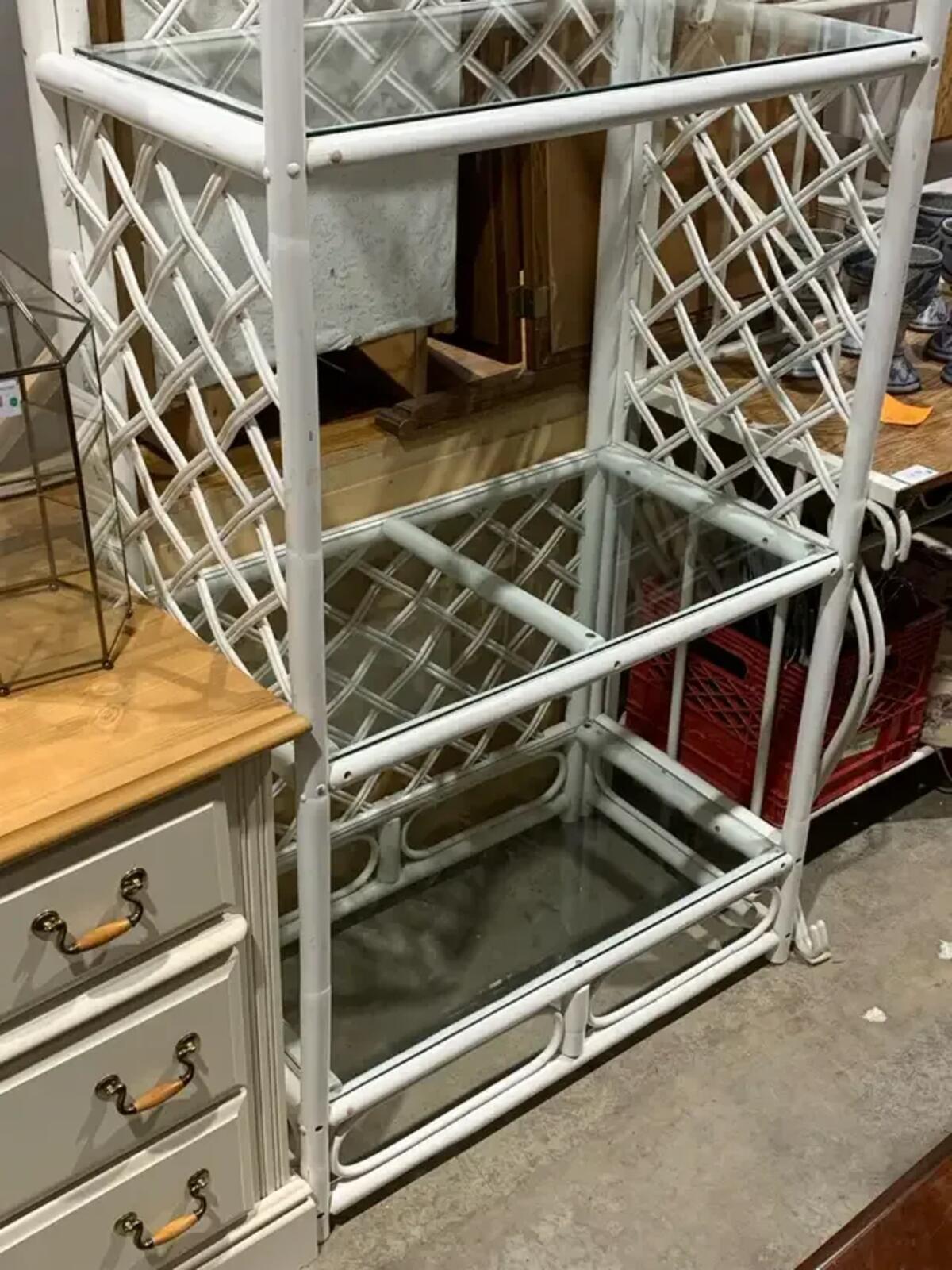 Large White Rattan Glass Shelf Unit
