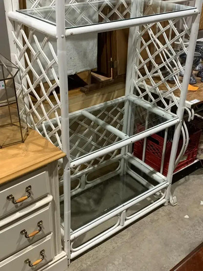 Large White Rattan Glass Shelf Unit