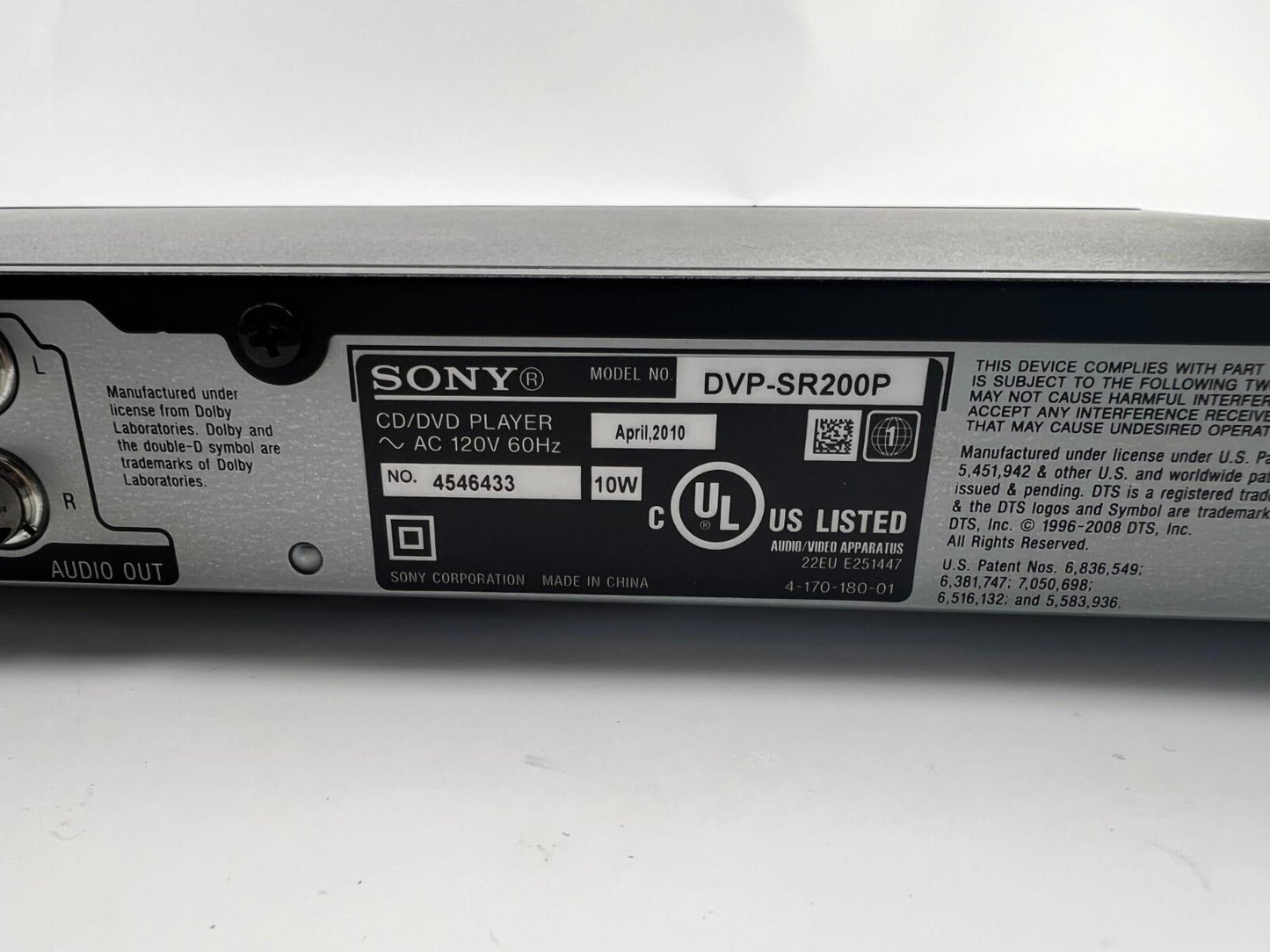 Sony CD/DVD Player DVP-SR-200P DVD Player Progressive Scan No Remote (Working)