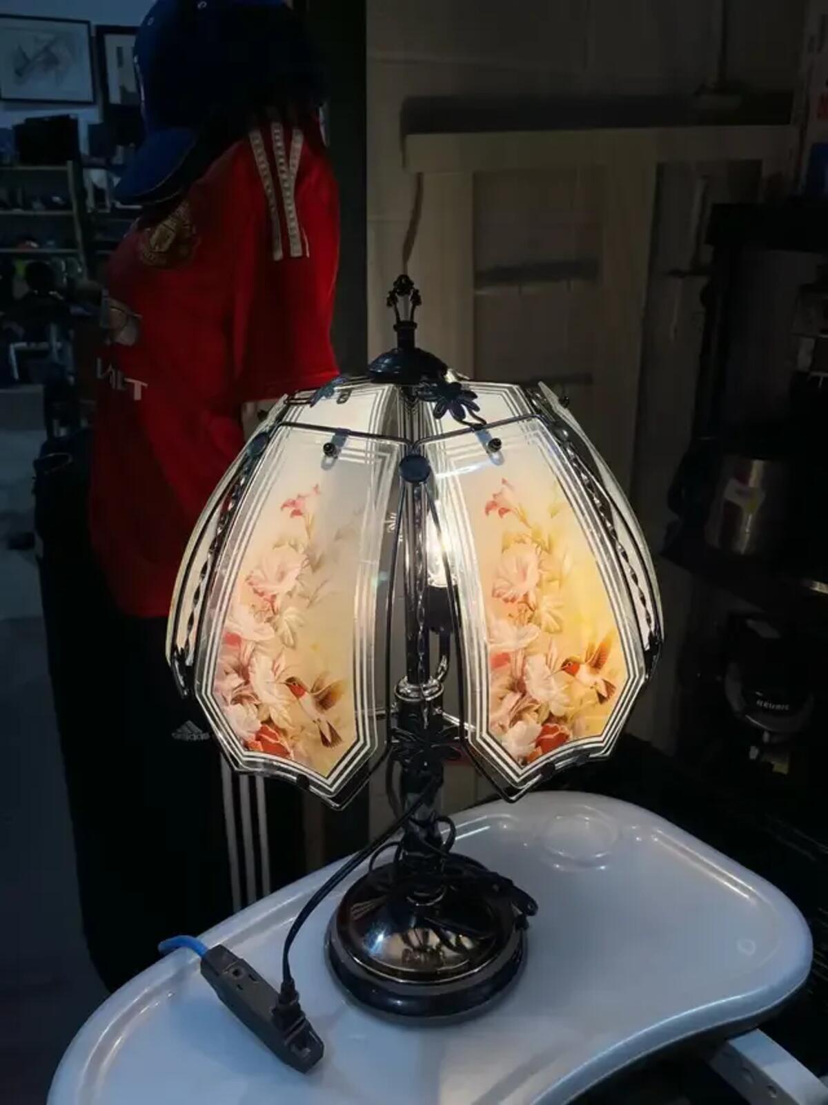 Vintage Hummingbird Glass Shade Table Lamp
