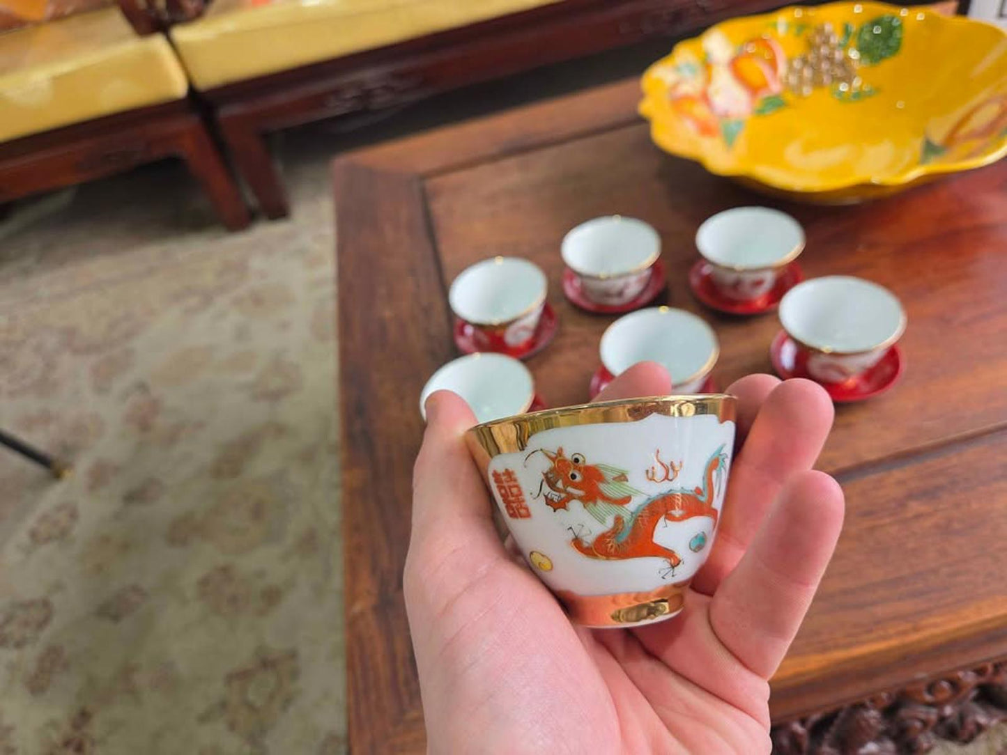 Set of 8 Asian Dragon Design Tea Cups w/ Red Saucers