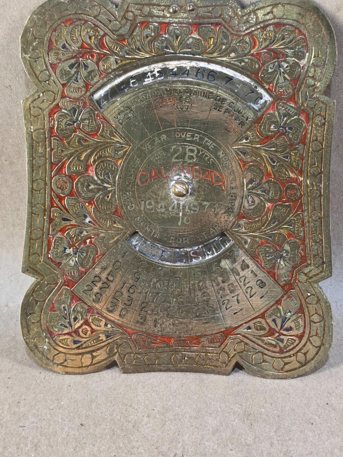 Vintage Embossed Brass Perpetual Desk Calendar; 28-Year Calendar 1944 to 1971