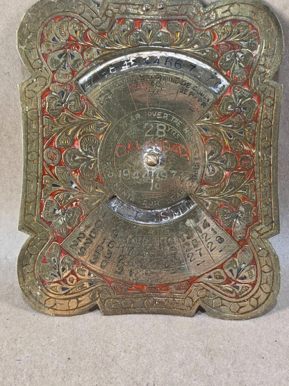 Vintage Embossed Brass Perpetual Desk Calendar; 28-Year Calendar 1944 to 1971